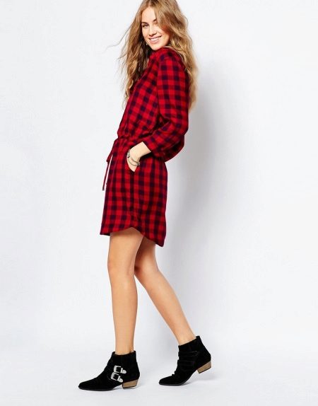 Red check dress with black low heel suede boots
