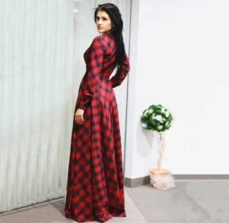 Floor-length red dress with long sleeves