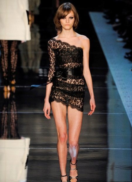 Short transparent lace dress on one shoulder