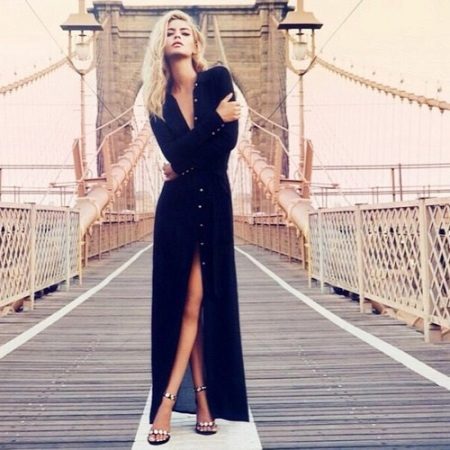 Long black dress with stiletto sandals
