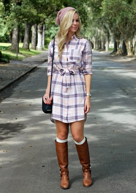 White check dress shirt with brown boots without heels