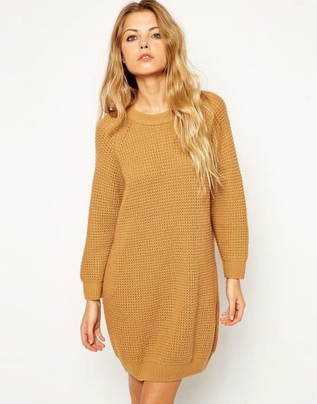 Beige knit dress with long raglan sleeves and turtle neckline