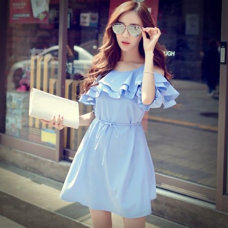 Blue dress with frill shoulders and chest