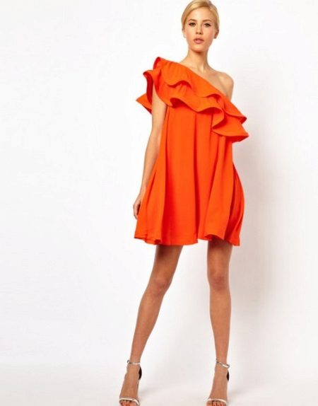 Dress with flounce on one shoulder for the figure Pear (triangle)