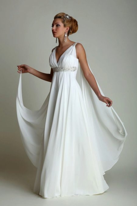 White dress in Greek style, flared from the chest