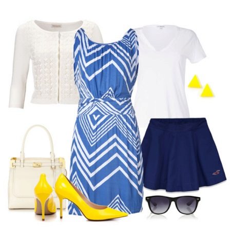 Yellow shoes to white-blue dress