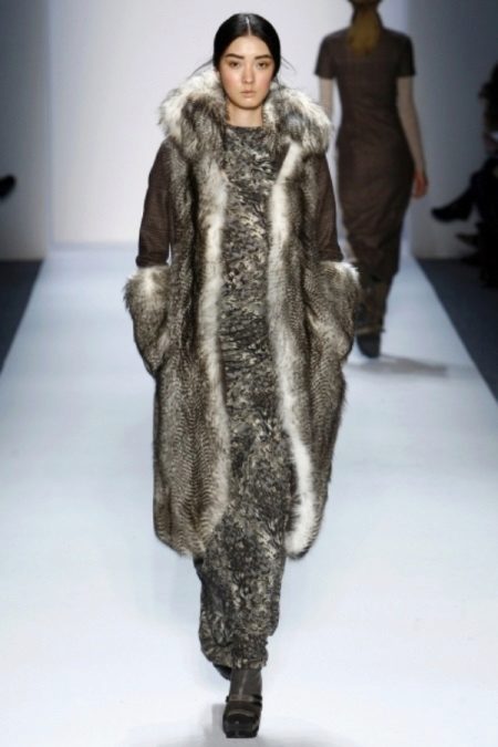 Sheepskin coat to a long winter dress