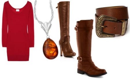 Brown accessories to a red sheath dress