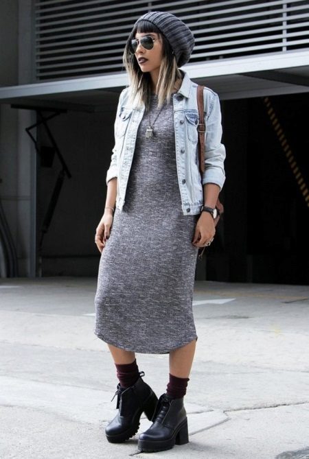 Jeans jacket to midi dress in the style of boho