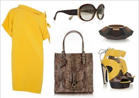 snake-print yellow dress and accessories
