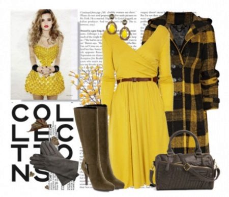 Brown accessories to the yellow dress