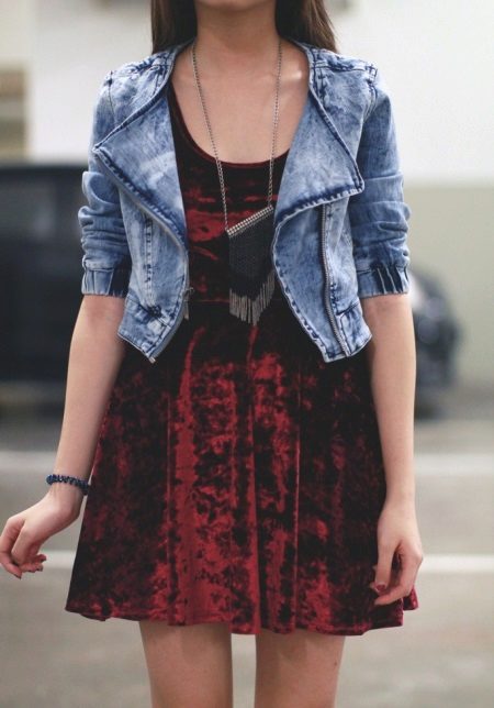 Short velor dress with denim jacket