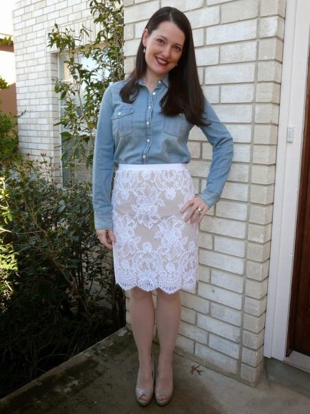 Straight skirt with denim shirt