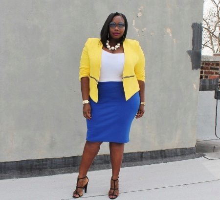 The blue pencil skirt is NOT suitable for women with an apple type figure.